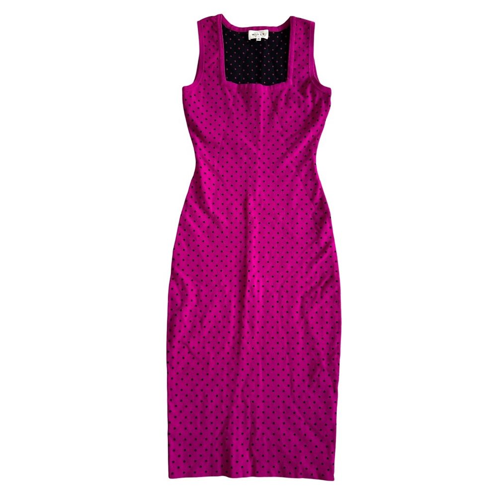Milly Womens Size Small Fuchsia & Black Polka Dot Sleeveless Midi Sheath Dress